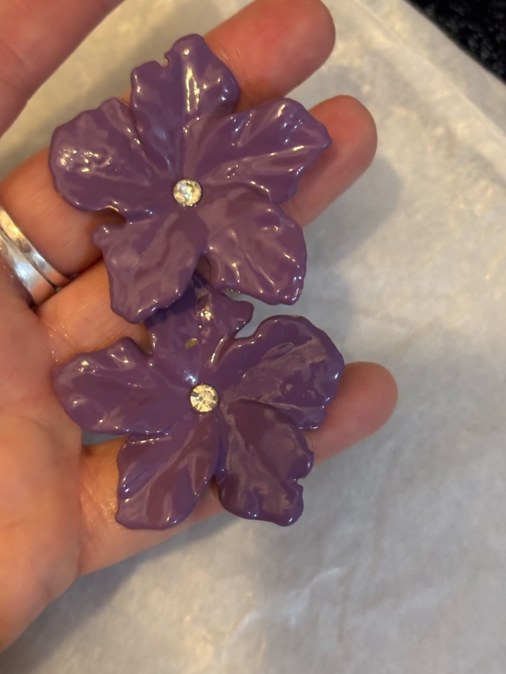 Purple enamel earrings flowers diamond in the middle  *accepting offers *read